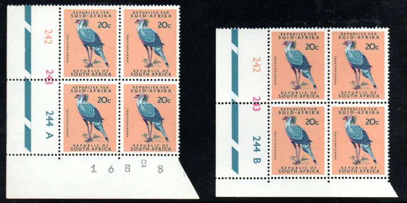 RSA 1971 REDRAWN DEF ISSUE 20c CONTROL BLKS CYL NOs 242 243 244 UMM. CC271. AS PER SCANS. CV R1200