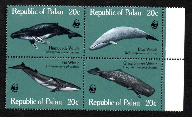 PALAU 1983 WORLD WILDLIFE FUND (WWF) WHALES UMM SETENANT MARG BLK OF (X4). SG25-8. NICE ITEM.