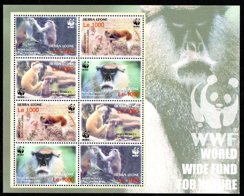 SIERRA LEONE 2004 ENDANGERED SPECIES - PATAS MONKEY (WWF) STAMP SHEET. SG4290/3. CV GBP 10+.