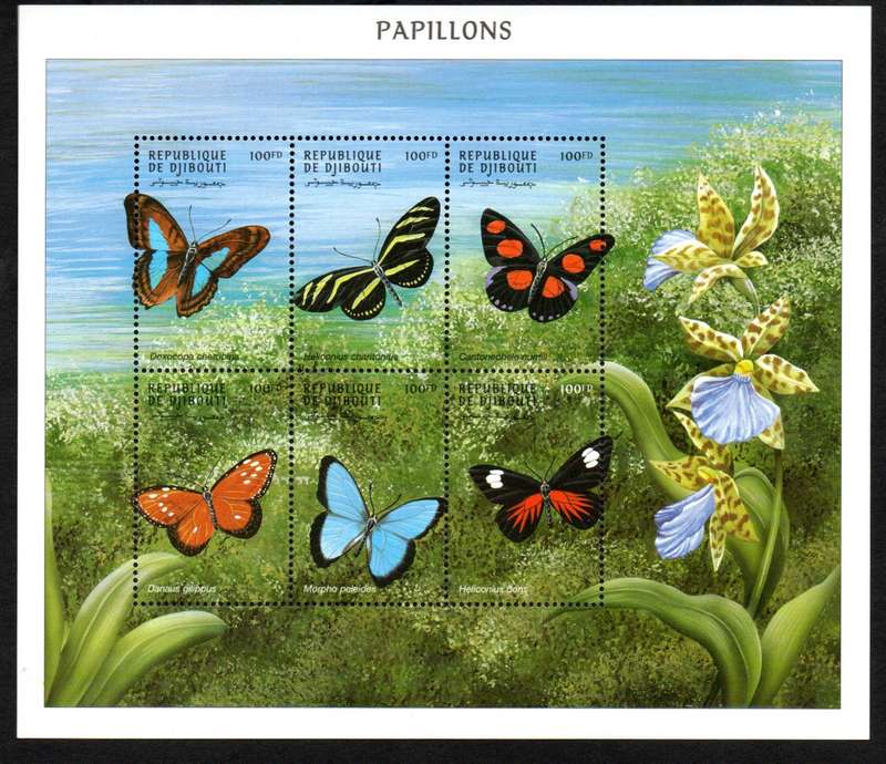 DJIBOUTI REPUBLIC 2000 SETENANT BUTTERFLY SHEET UMM . SGMS1197. CV GBP 14. LOVELY THEMATIC ITEM.