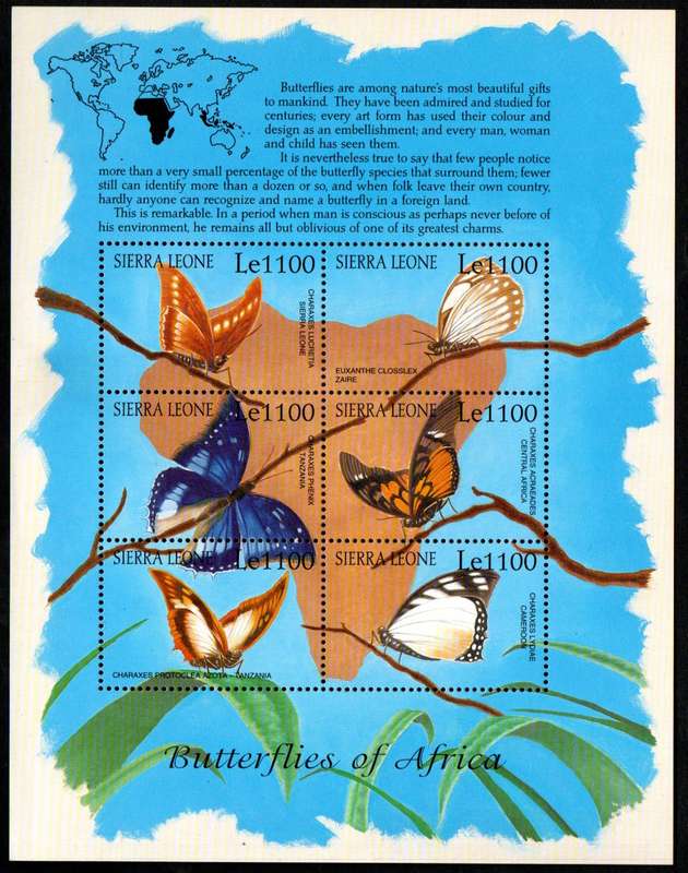 SIERRA LEONE 2001 AFRICAN BUTTERFLIES UMM SETENANT SHEET OF (X6). AS PER SCANS. NICE THEMATIC ITEM.