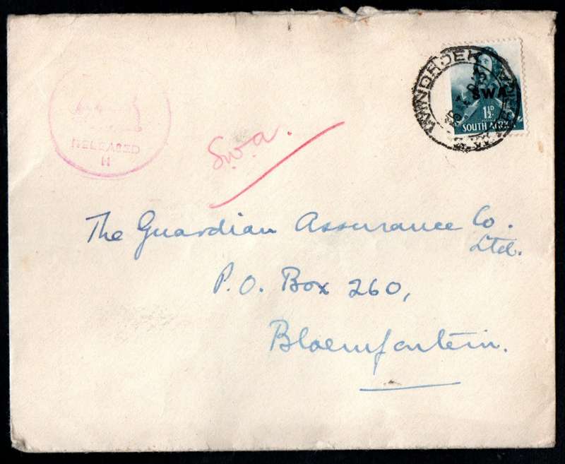 SWA 1943 WORLD WAR II COVER WINDHOEK-BLOEMFONTEIN WITH PINK 'RELEASED H' CACHET. AS PER SCANS.