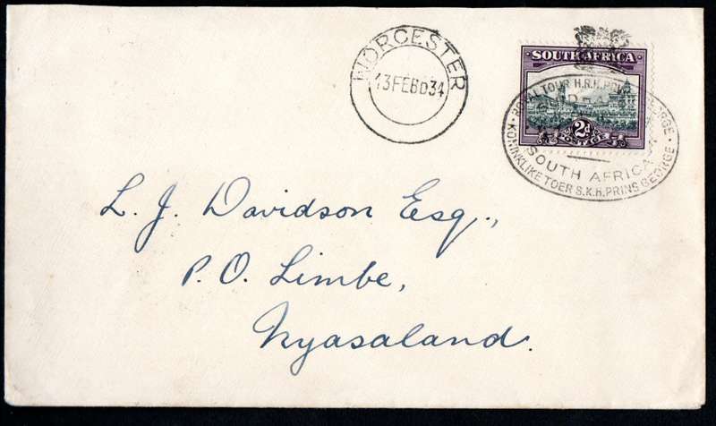 UNION 1934 COVER TO NYASALAND. SPECIAL 'ROYAL TOUR HRH PRINCE GEORGE' BILINGUAL OVAL CANCEL. RELIST!