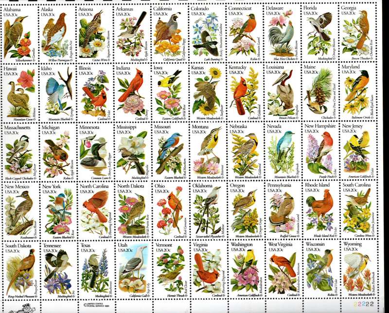 USA 1982 STATE BIRDS AND FLOWERS UMM FULL SHEET OF (X50). FOLDED BOTTOM MARGIN. SG1930/79. CV GBP 45