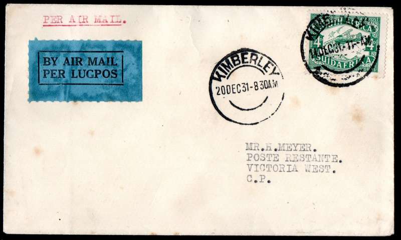 UNION 1931 FLIGHT COVER KIMBERLEY TO VICTORIA WEST. AS PER SCANS.