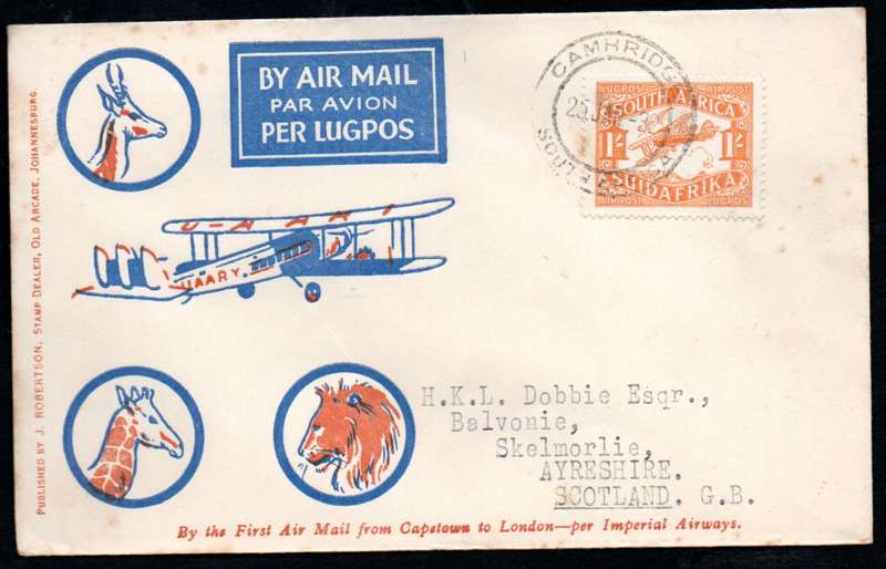 UNION 1932 IMPERIAL AIRWAYS FLIGHT COVER CAMBRIDGE SA TO SCOTLAND. AS PER SCANS.