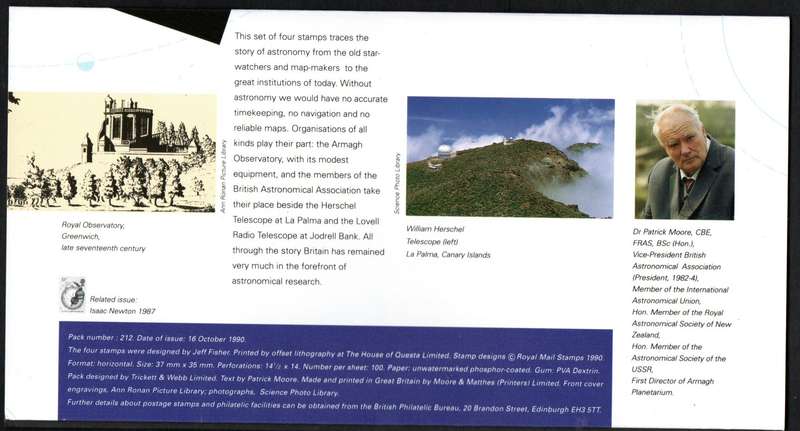 GB 1990 ASTRONOMY MINT PRESENTATION PACK NO 212. AS PER SCANS. NICE ITEM.