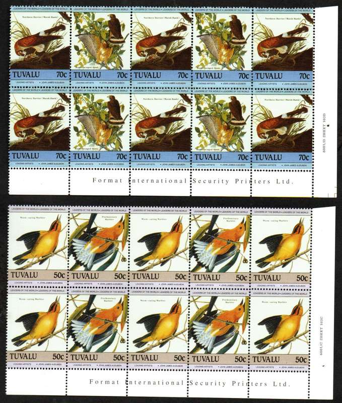 TUVALU 1985 BIRTH BICEN OF JOHN J AUDUBON (BIRDS) SET OF (X4) INCRIPTIONAL BLKS OF (X10) SG301/8 UMM