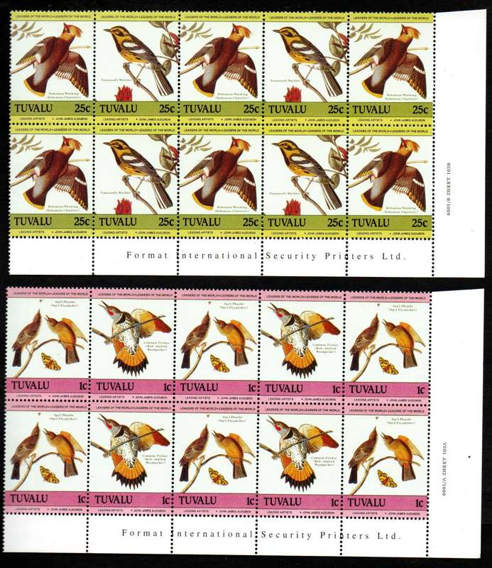 TUVALU 1985 BIRTH BICEN OF JOHN J AUDUBON (BIRDS) SET OF (X4) INCRIPTIONAL BLKS OF (X10) SG301/8 UMM