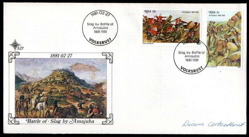 RSA 1981 CENTENARY OF THE BATTLE OF AMAJUBA FDC 3.27 SIGNED BY 'STAMP ARTIST: DIANA ARBUTHNOT'.
