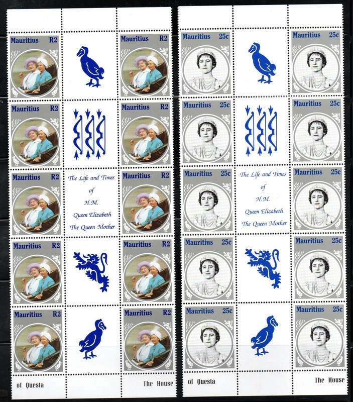 MAURITIUS 1985 THE QUEEN MOTHER UMM SET OF (X4) GUTTER STRIPS OF (X10). SG699/702. CV GBP 56+.
