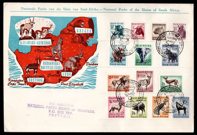 UNION 1954 (X4) DEF ISSUE NATIONAL PARKS FDCs (SKUKUZA D/S). CONDITION ETC AS PER SCANS.