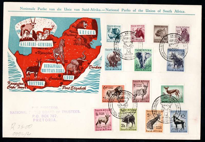 UNION 1954 (X4) DEF ISSUE NATIONAL PARKS FDCs (SKUKUZA D/S). CONDITION ETC AS PER SCANS.