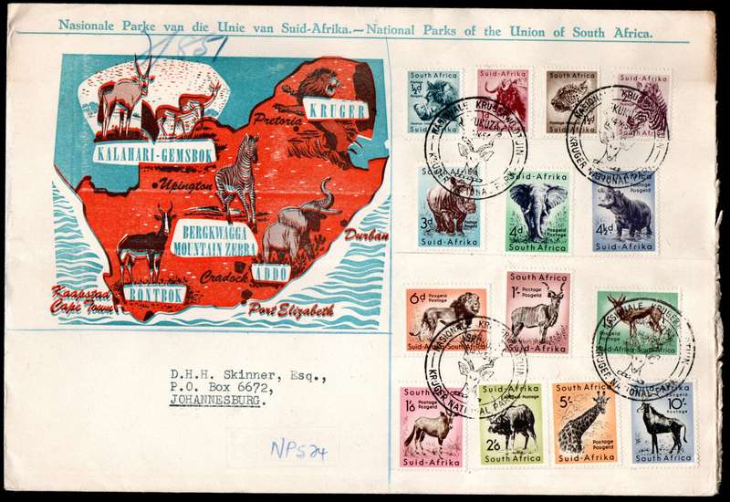 UNION 1954 (X4) DEF ISSUE NATIONAL PARKS FDCs (SKUKUZA D/S). CONDITION ETC AS PER SCANS.