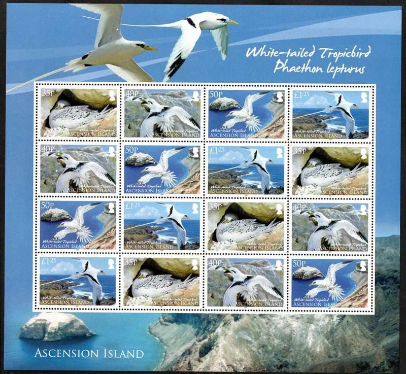 ASCENSION 2009 WHITE-TAILED TROPIC BIRD UMM SETENANT SHEET OF (X16). SG1060/63. CV GBP 35. LOVELY.