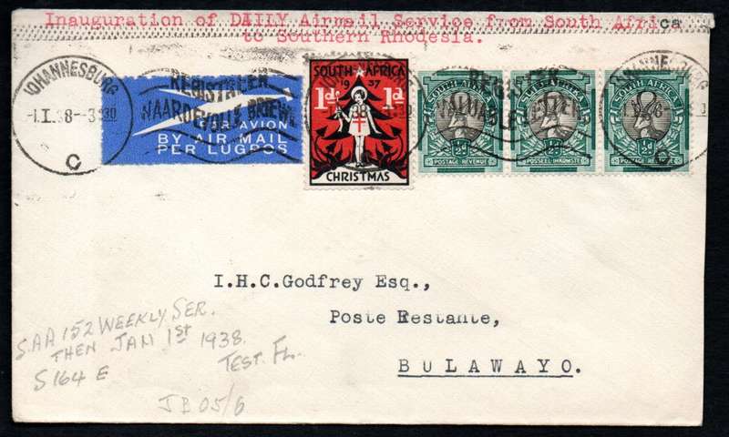 UNION 1938 INAUG DAILY AIRMAIL SERVICE COVER XMAS CINDERELLA/AIRMAIL LABEL TIED, SLOGAN CANCELS ETC