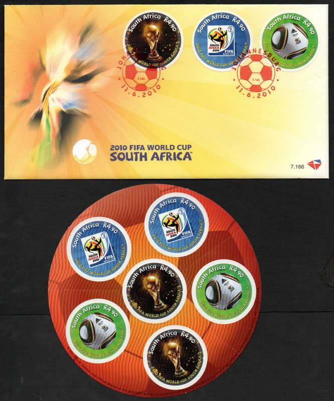RSA 2010 FIFA WORLD SELF-ADHESIVE SHEETLET OF (X6) PLUS FDC NO 7.166. AS PER SCAN. CV R350.