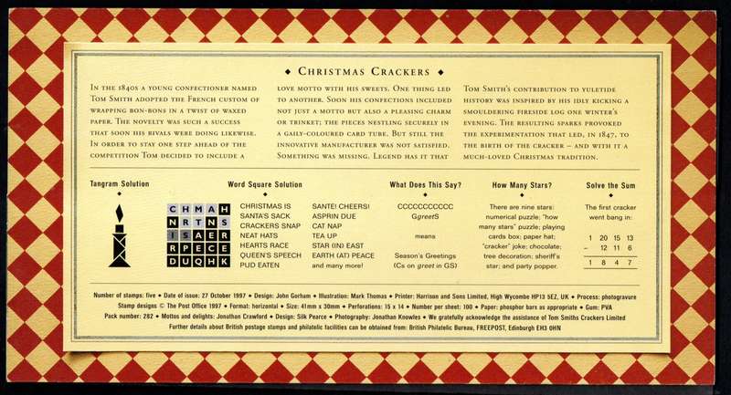 Gb 1997 Christmas. 150th ann of the Christmas cracker presentation pack no 282 with mint stamps.