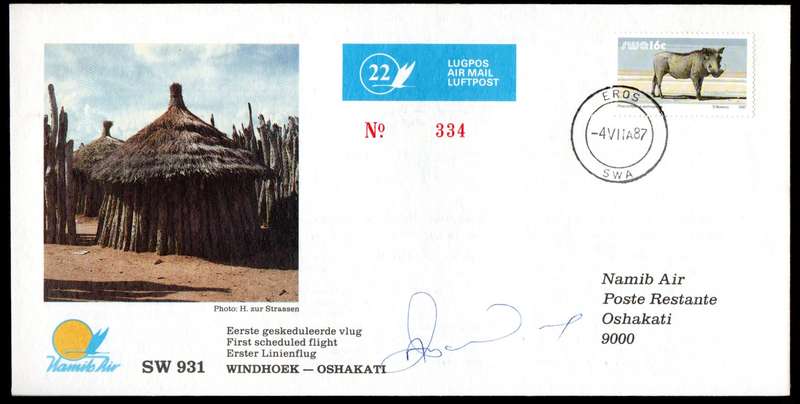 SWA 1987 NAMIB AIR FIRST SCHEDULED FLIGHT COVER WINDHOEK-OSHAKATI SIGNED. AS PER SCANS.