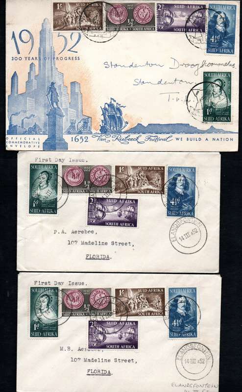 UNION 1952 TERCENTENARY OF VAN RIEBEECK SELECTION OF (X17) COVERS. CONDITION ETC AS PER SCANS.
