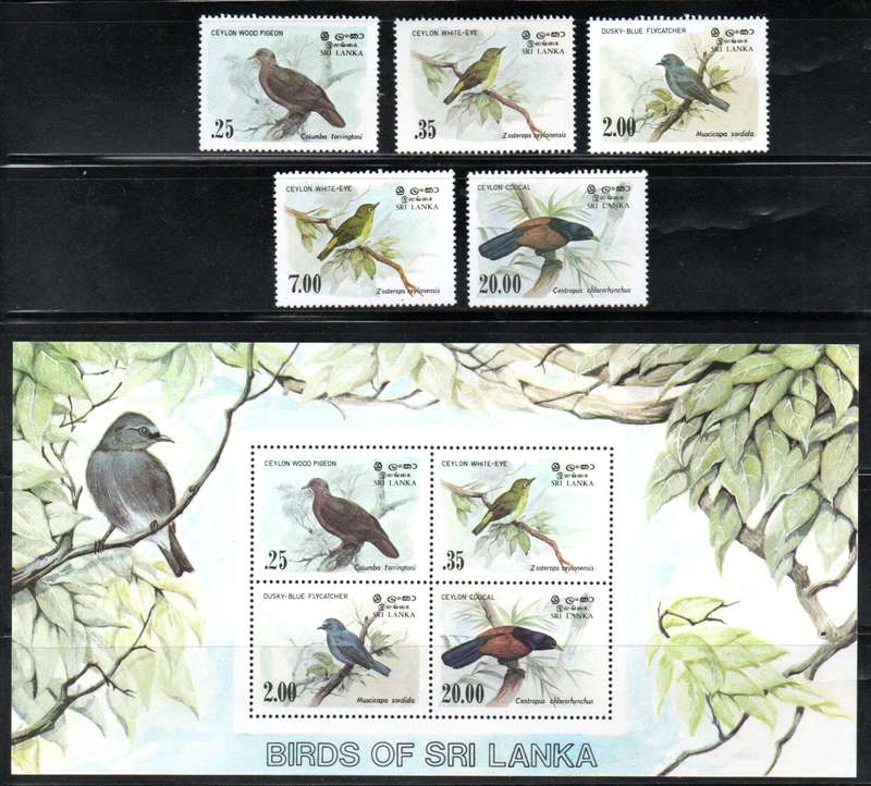SRI LANKA 1983 BIRDS SET OF (X5) SINGLES UMM + MINI SHEET. SG827/MS831. AS PER SCANS.
