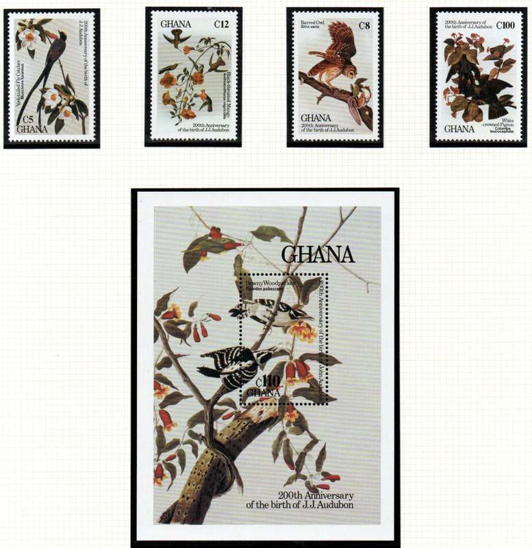 GHANA 1985 BIRTH BICENT OF JOHN J AUDUBON (BIRDS) UMM SINGLES + MSHEET. SG1159/63. CV GBP 18.
