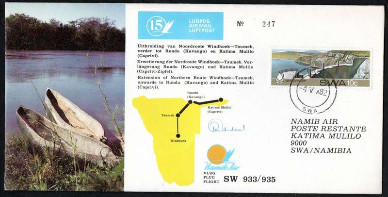 SWA 1982 NAMIB AIR EXTENSION OF NORTHERN ROUTE WINDHOEK-TSUMEB FLIGHT COVER SIGNED 'PILOT'.