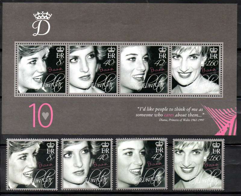 GIBRALTAR 2007 10TH DEATH ANN OF PRINCESS DIANA SET OF (X4) SINGLES+MSHEET UMM. SG1202/5. CV GBP 16+