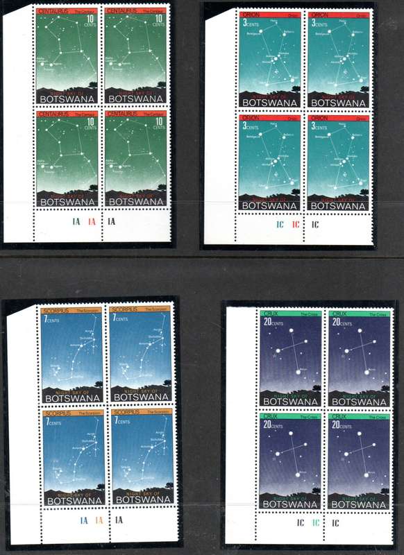 BOTSWANA 1972 NIGHT SKY SET OF (X4) CONTROL BLKS OF (X4) UMM. SG290/3. CV GBP 20+. AS PER SCANS.