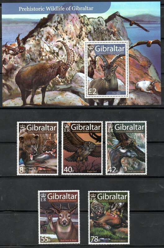 GIBRALTAR 2007 PREHISTORIC WILDLIFE UMM SET OF (X5) SINGLES + MINI SHEET. SG1220/MS1225. CV GBP 13+.