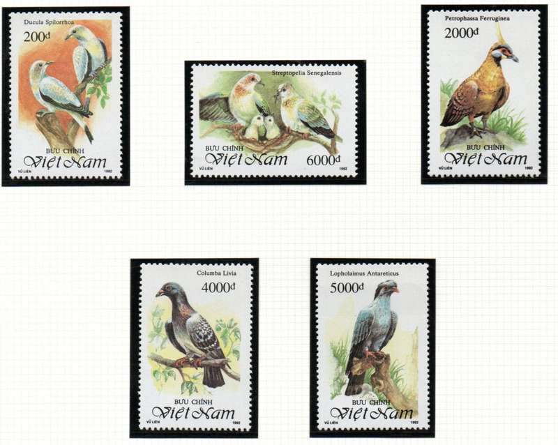 VIETNAM 1992 PIGEONS AND DOVES UMM SET OF (X5). SG1728/32. AS PER SCANS. NICE THEMATIC SET.
