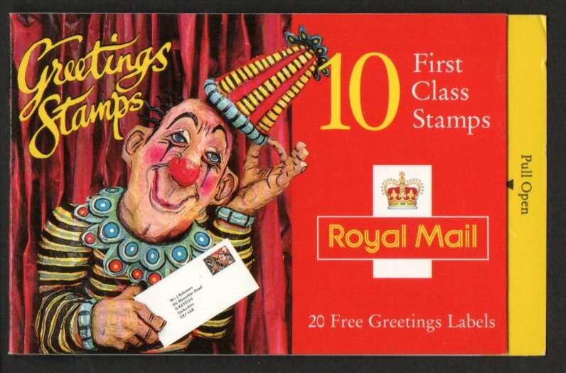 GB 1995-96 GREETINGS STAMPS BARCODE BOOKLET CLOWN DESIGN MINT. SGKX7. CV GBP 11.50. NICE ITEM.