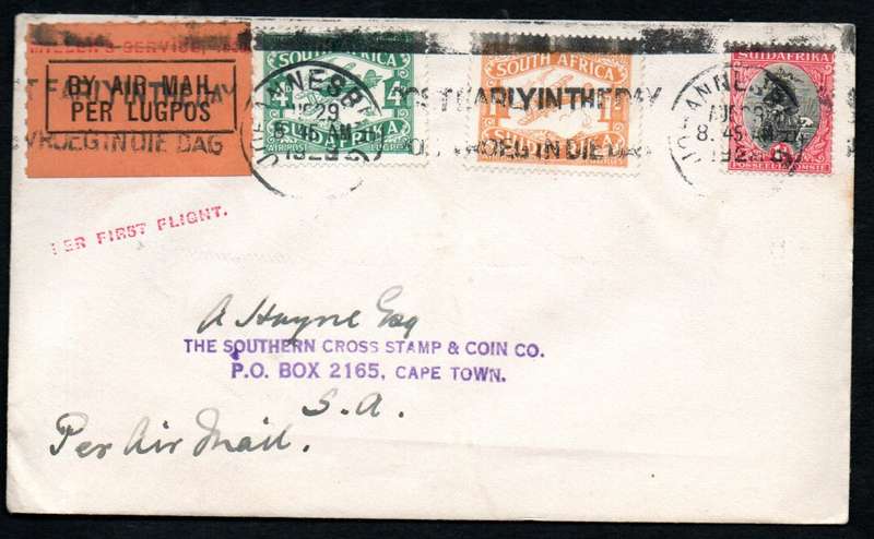 UNION 1929 'PER 1ST FLIGHT' AIRMAIL COVER 'POST EARLY IN THE DAY' SLOGAN CANCEL. TIED AIRMAIL LABEL