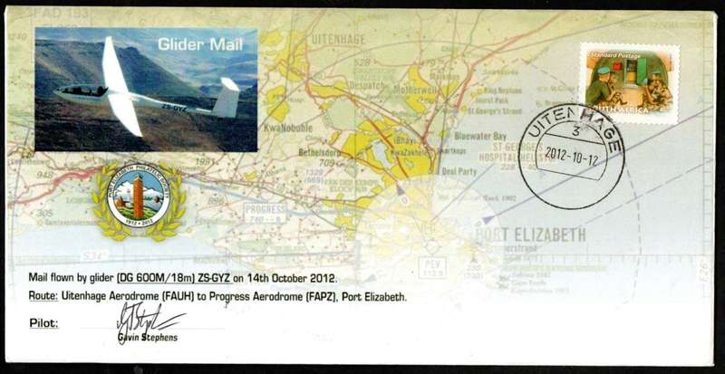 RSA 2012 GLIDER MAIL COVER FLOWN UITENHAGE  TO PROGRESS AERODROME, PE. SIGNED "PILOT". ONLY 200 MADE