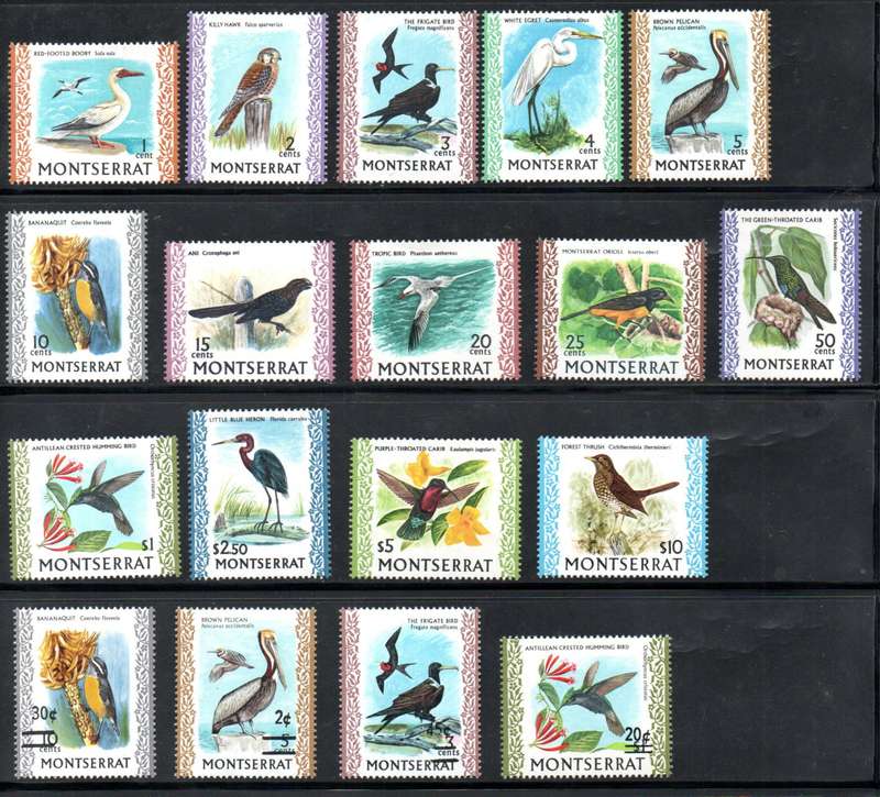 MONTSERRAT 1970 BIRDS M/MINT SET OF (X14) SG242/54c + SURCH BIRD SINGLES MINT. CV GBP 51+.