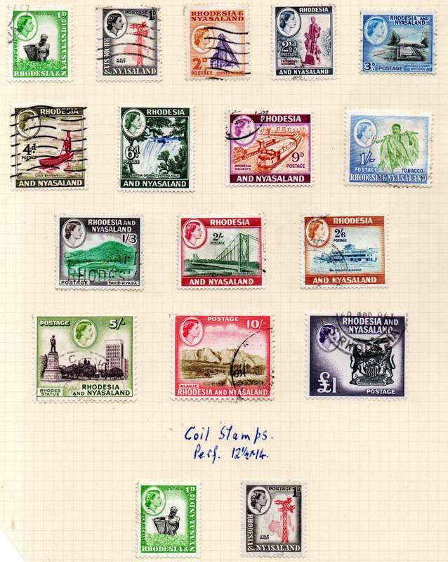 RHODESIA AND NYASALAND 1959-62 DEF USED SET OF (X15) + COILS MOUNTED ON A PAGE. CC18-32. CV R1950.