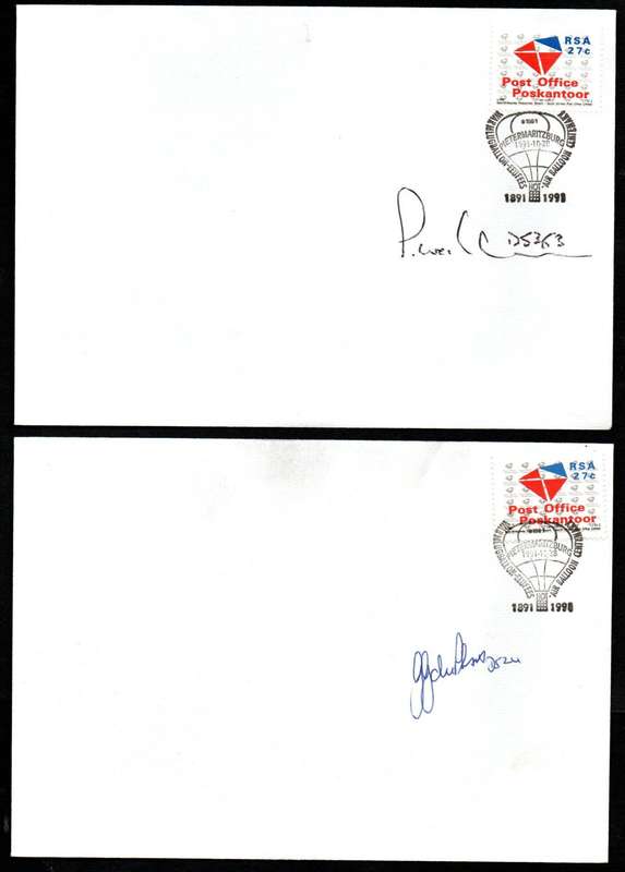 RSA 1991 PIETERMARITZBURG HOT AIR BALLOON CENTENARY COVERS (X2) SIGNED 'PILOTS'. SPECIAL POSTMARK.