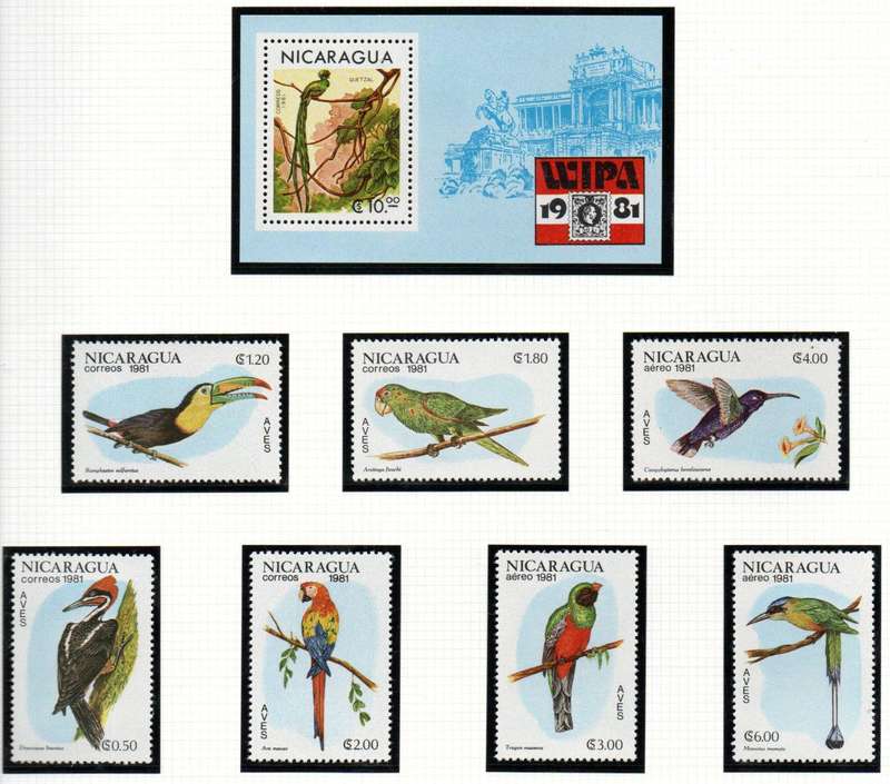 NICARAGUA 1981 BIRDS M/SHEET SGMS2267 + 1981 BIRDS SET OF (X7) UMM SG2304-10. AS PER SCANS.