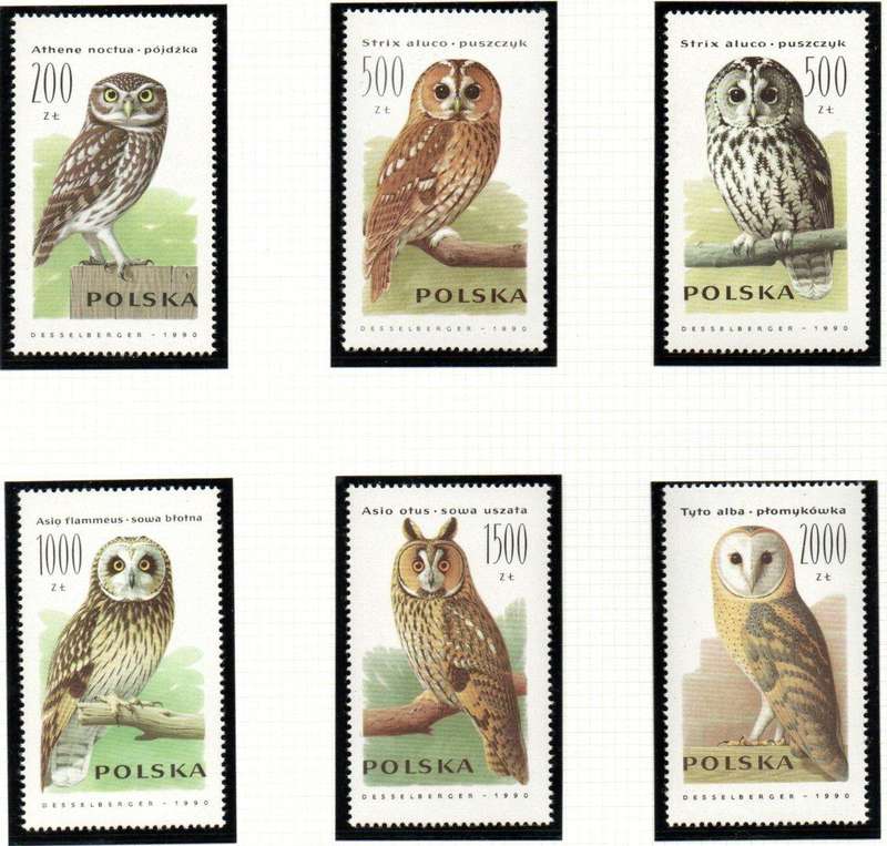 POLAND 1990 OWLS SET OF (X6) UMM. AS PER SCANS. SG3320/25. NICE THEMATIC SET.
