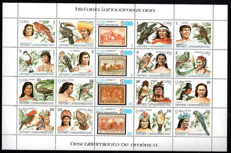 CUBA 1987 LATIN AMERICA HISTORY (BIRDS) UMM SETENANT SHEET OF (X20). SG3276-95. NICE ITEM.