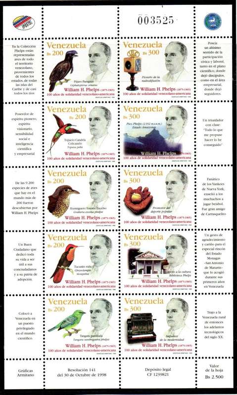 VENEZUELA 1998 BIRDS. 100 YRS OF US SOLIDARITY SETENANT SHEETLET OF (X10). SG3612-21 CV GBP 23+. UMM