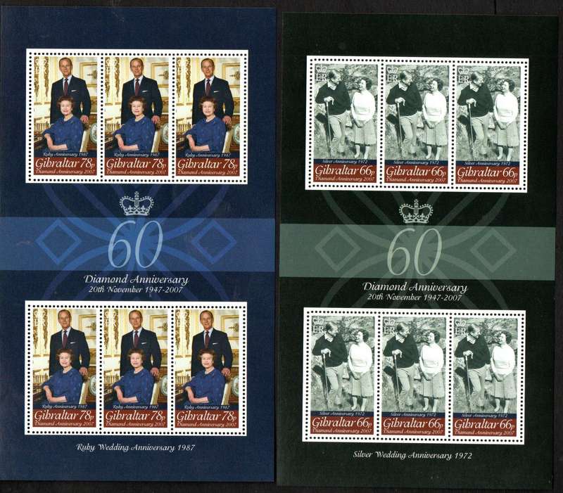 GIBRALTAR 2007 DIAMOND WEDDING ANN SET OF (X4) SHEETS OF (X6) + SINGLES UMM. SG1196/99. CV GBP 57+.