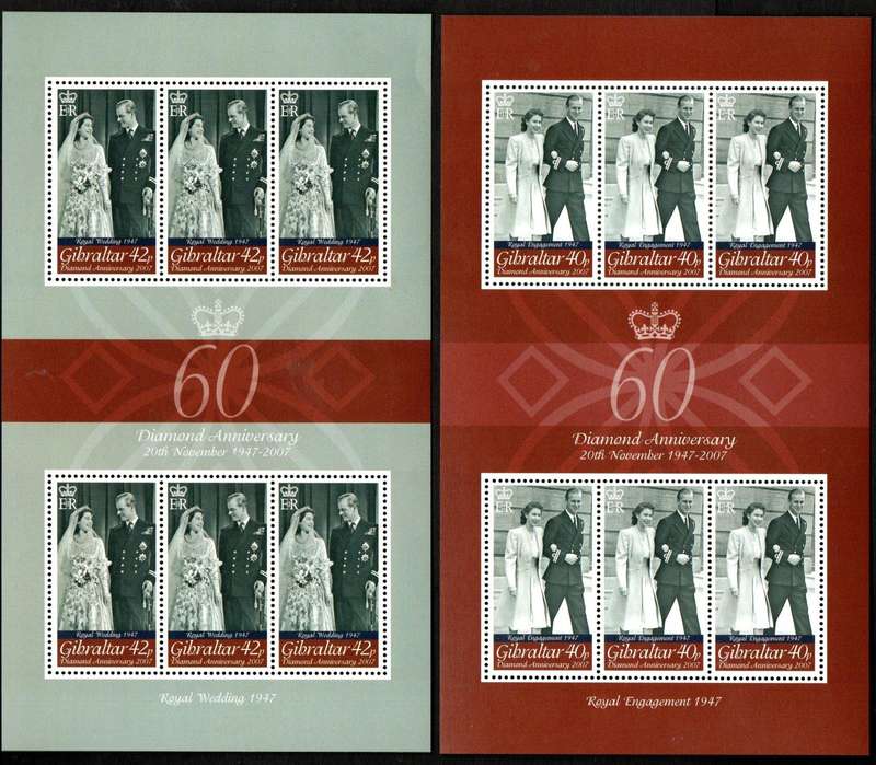 GIBRALTAR 2007 DIAMOND WEDDING ANN SET OF (X4) SHEETS OF (X6) + SINGLES UMM. SG1196/99. CV GBP 57+.
