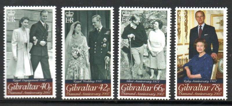 GIBRALTAR 2007 DIAMOND WEDDING ANN SET OF (X4) SHEETS OF (X6) + SINGLES UMM. SG1196/99. CV GBP 57+.