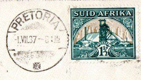 UNION 1937 AIRMAIL COVER PRETORIA TO BRISTOL, ENGLAND WITH AIRMAIL LABEL TIED. DATED 1 VII 37.