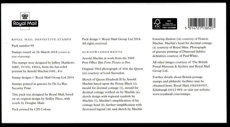 GB 2014 QEII MACHIN DEFINITIVE PRESENTATION PACK NO 99 MINT. AS PER SCANS.