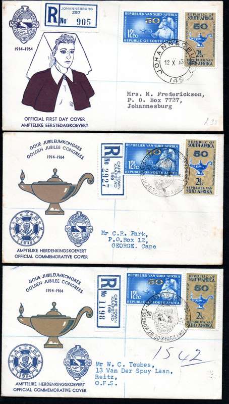RSA 1964 50TH ANN OF NURSING ASSOCIATION (PREPEX/CAPE TOWN D/S) (X30) FDCs ETC. CONDITION PER SCANS.