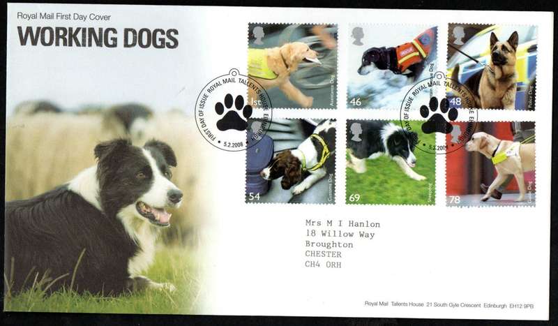 GB 2008 WORKING DOGS FIRST DAY COVER (TALLENTS HOUSE). AS PER SCANS. CV GBP 10.