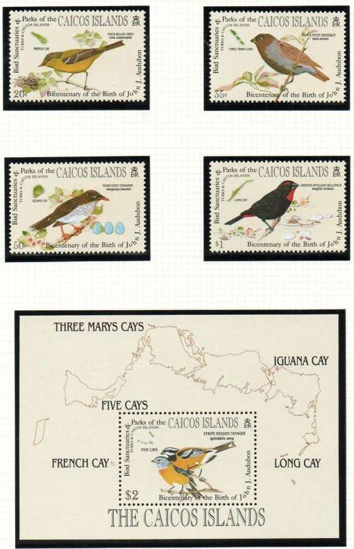CAICOS ISLANDS 1985 BIRTH BICENT OF JOHN J AUDUBON SINGLES (X4) UMM + MSHEET. SG68/MS72. CV GBP 12+.