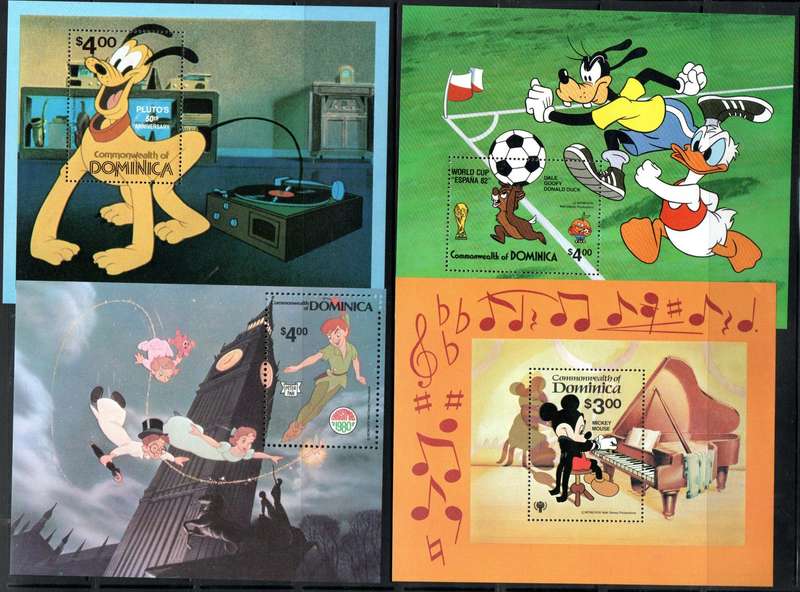 DOMINICA CLEARANCE OF DISNEY THEMED MINI SHEETS, SINGLES IN SETS UMM. AS PER SCANS. GOOD VALUE.